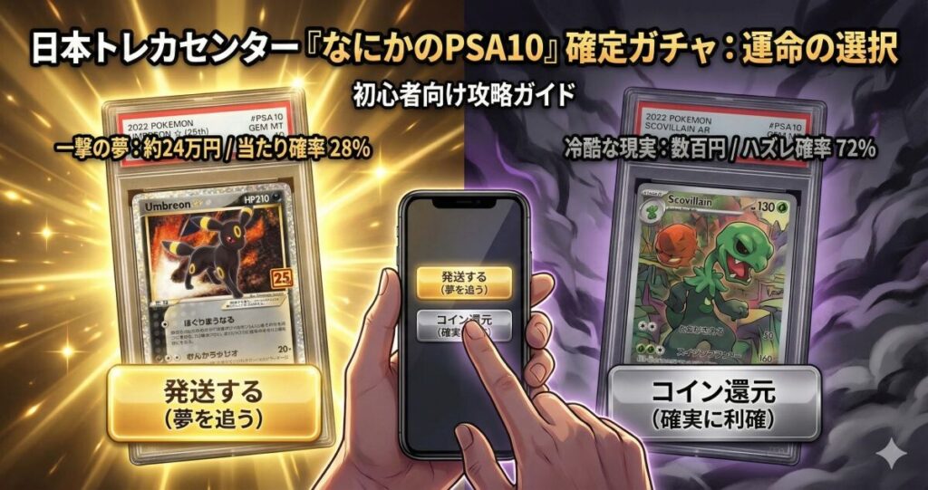 日本トレカセンターのPSA10確定ガチャは当たる？確率と評判、発送すべきかの判断基準を徹底解説のアイキャッチ
