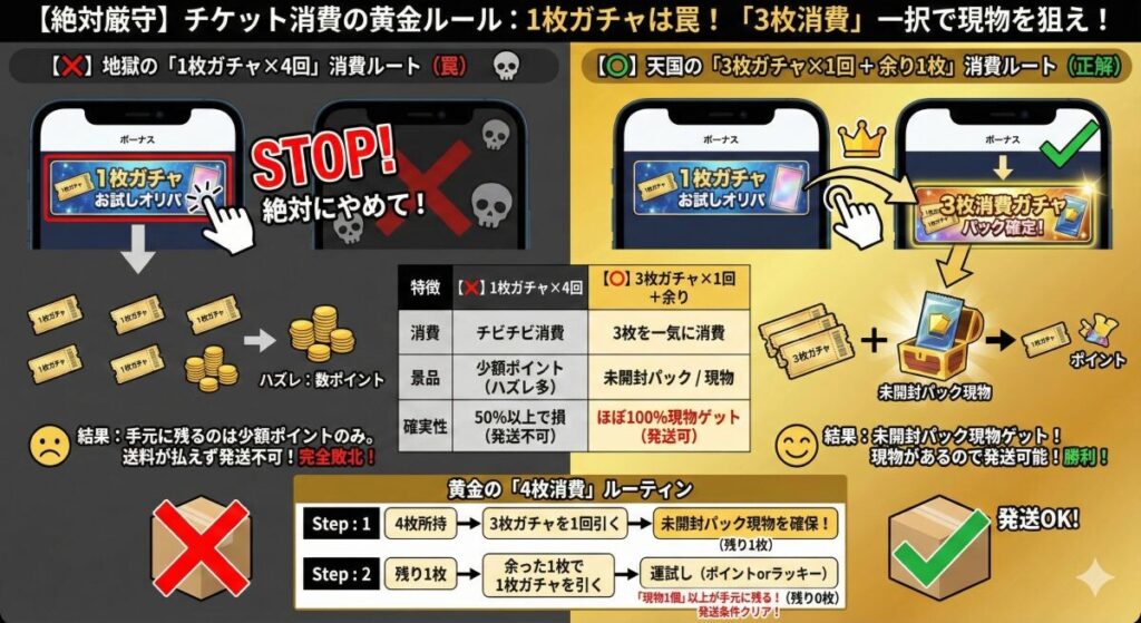 【絶対厳守】チケットの使い道は「3枚消費」一択!1枚ガチャは無視せよ