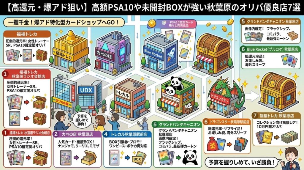 【高還元・爆アド狙い】高額PSA10や未開封BOXが強い秋葉原のオリパ優良店7選