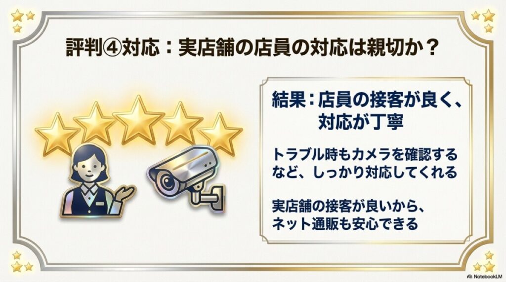 評判④対応：実店舗の店員の対応は親切か？