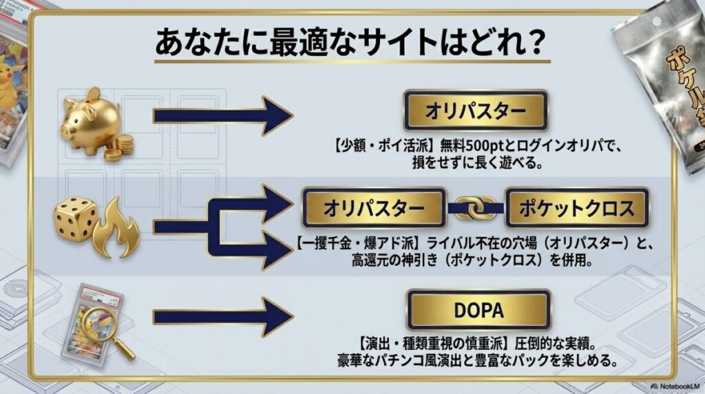 あなたに最適なのはどれ？ユーザータイプ別（少額派・爆アド派・慎重派）のオンラインオリパ推奨