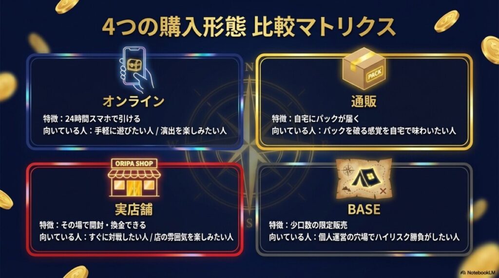 オンライン、通販、実店舗、BASEといった購入形態比較