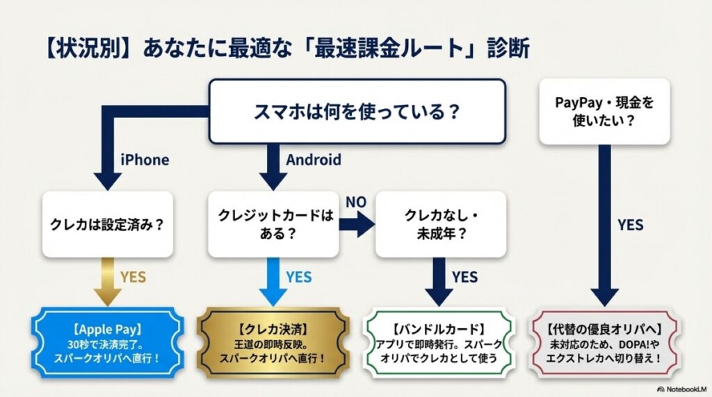 【状況別】スパークオリパの支払い方法・最速課金ルート診断