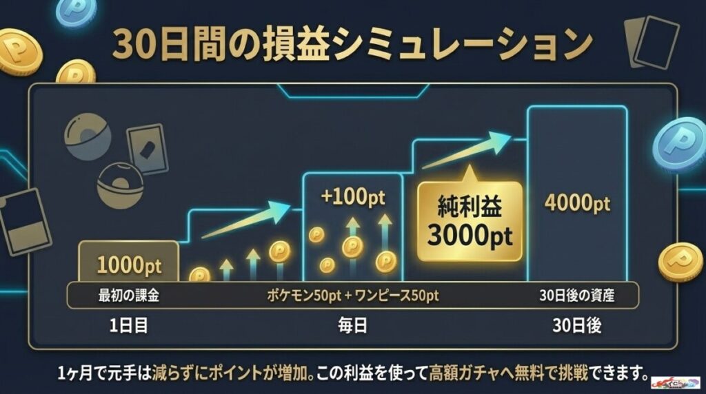 損しないための損益シミュレーション:毎日ログインボーナスを引くと1ヶ月でいくら増える?