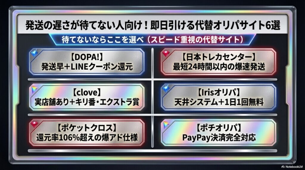 発送の遅さが待てない人向け！即日引ける代替オリパサイト6選