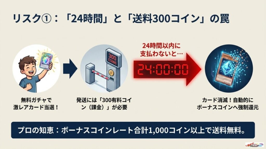 リスク1：送料（300コイン）の罠と保有期限24時間のプレッシャー