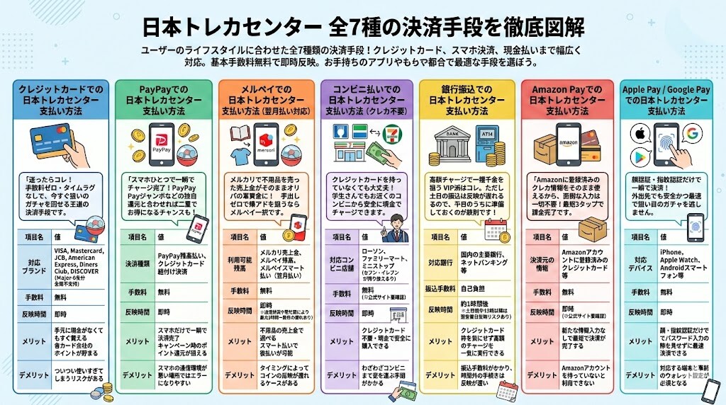 日本トレカセンターの支払い方法全7種を徹底解説！手数料や反映時間は？
