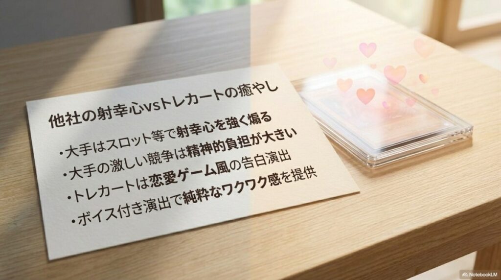 他社の射幸心vsトレカートの癒やし：なぜ大手の演出ではダメなのか？