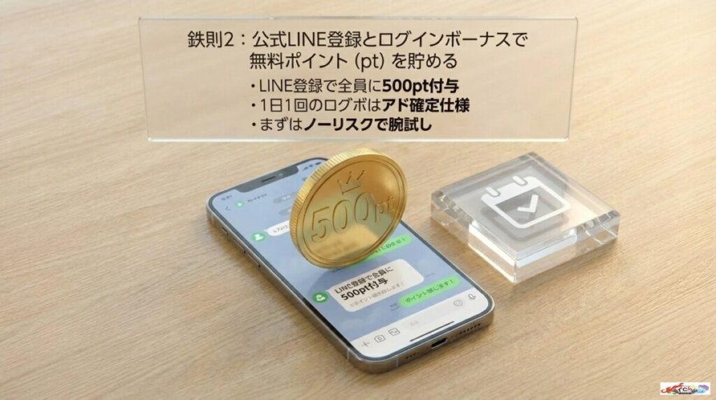 鉄則2：公式LINE登録とログインボーナスで無料ポイント（pt）を貯める