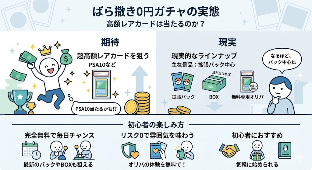 ばら撒き0円ガチャ（無料）だけで高額レアカードは当たるのか？をわかりやすく図解