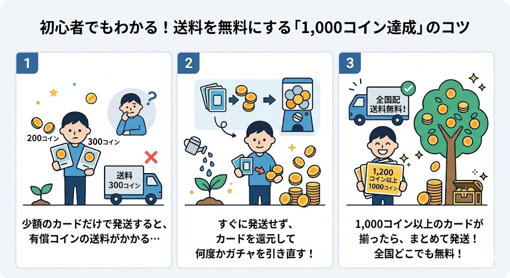 合計1,000コイン以上の発送依頼で「全国配送料無料」にするアップセル動線をわかりやすく図解