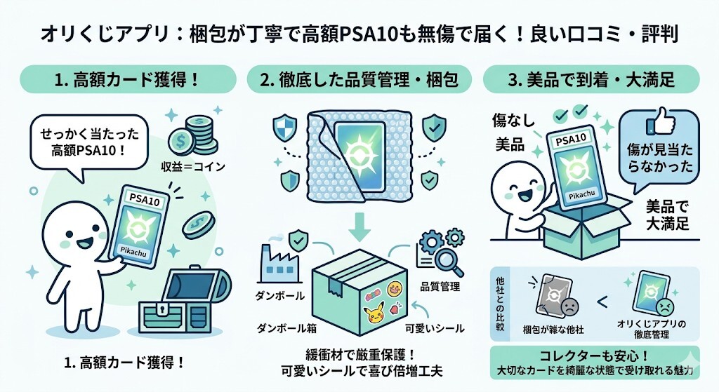 良い口コミ・評判：梱包が丁寧で高額PSA10も無傷で届くをわかりやすく図解