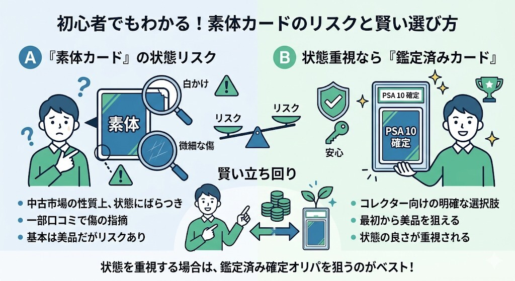 悪い口コミ・評判：素体（未鑑定）カードには白かけや傷があるリスクもをわかりやすく図解