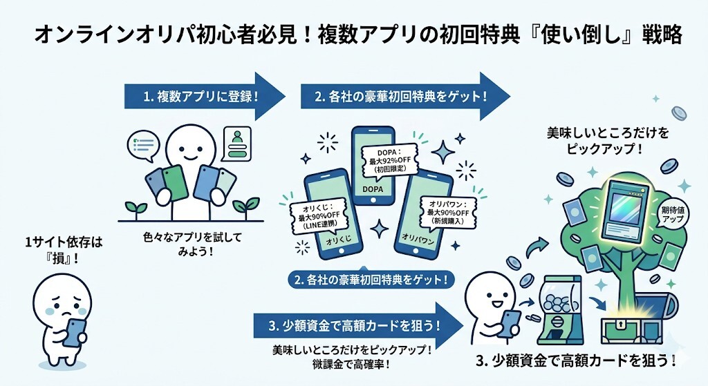 1サイト依存は損！複数アプリの初回限定クーポンを使い倒す戦略をわかりやすく図解