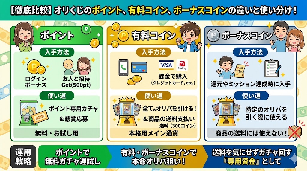 オリくじのポイントとは？有料コインとの違いを比較をわかりやすく図解