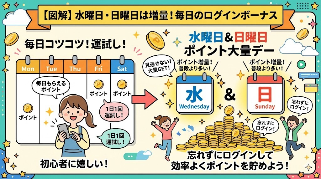 水曜日と日曜日は増量！毎日のログインボーナスをわかりやすく図解