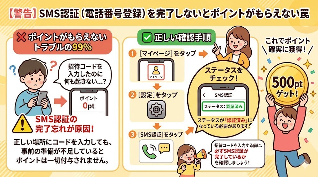 SMS認証（電話番号登録）を完了しないとポイントがもらえない罠をわかりやすく図解
