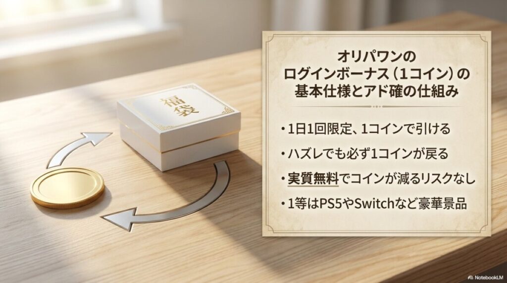 オリパワンのログインボーナス（1コイン）の基本仕様とアド確の仕組み
