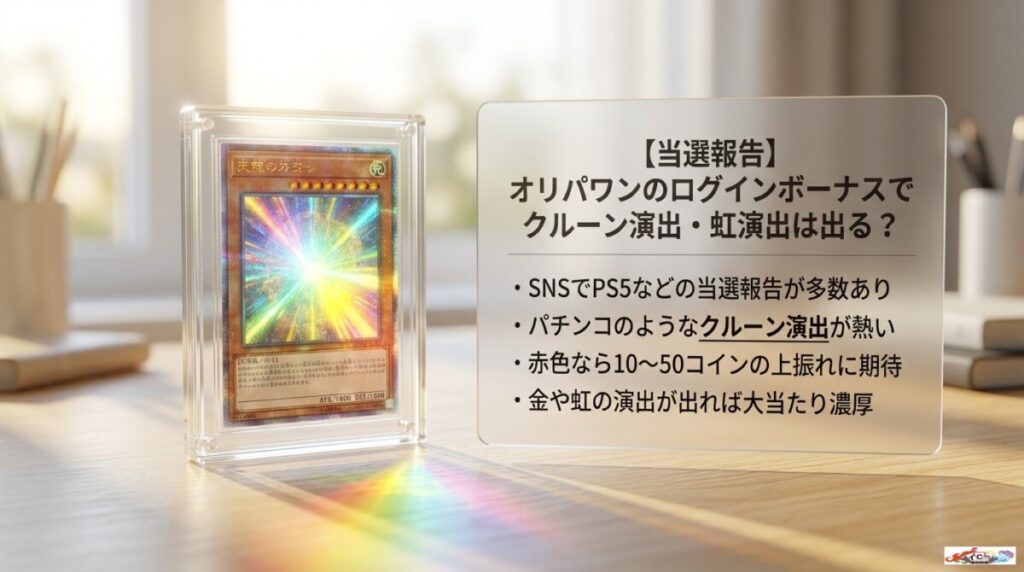 【当選報告】オリパワンのログインボーナスでクルーン演出・虹演出は出る？