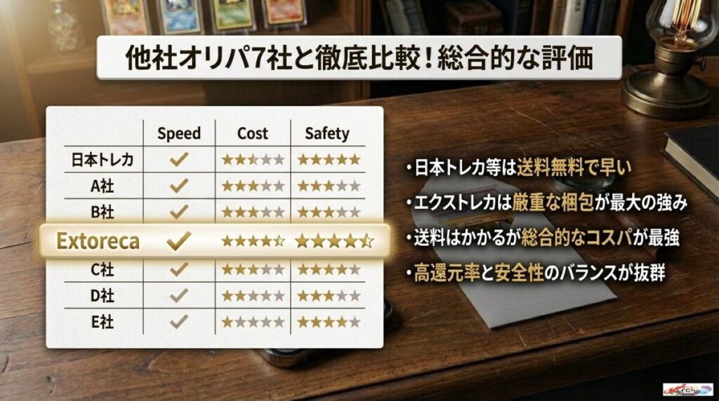 他社オリパ7社と徹底比較！エクストレカの発送日数・送料・還元率の総合表