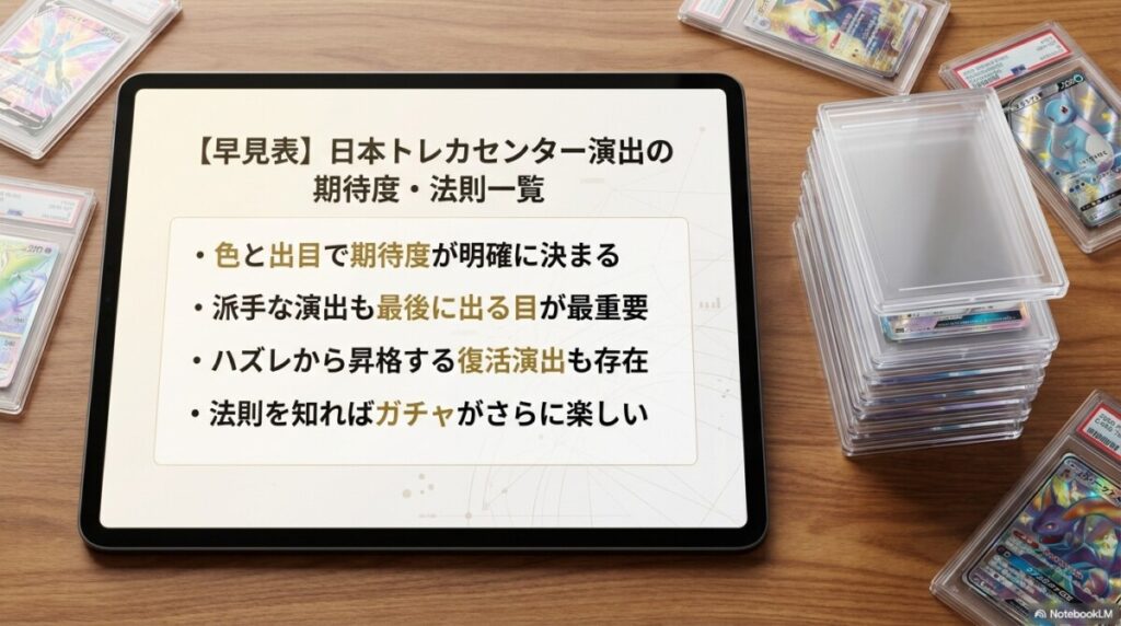 【早見表】日本トレカセンター演出の期待度・法則一覧