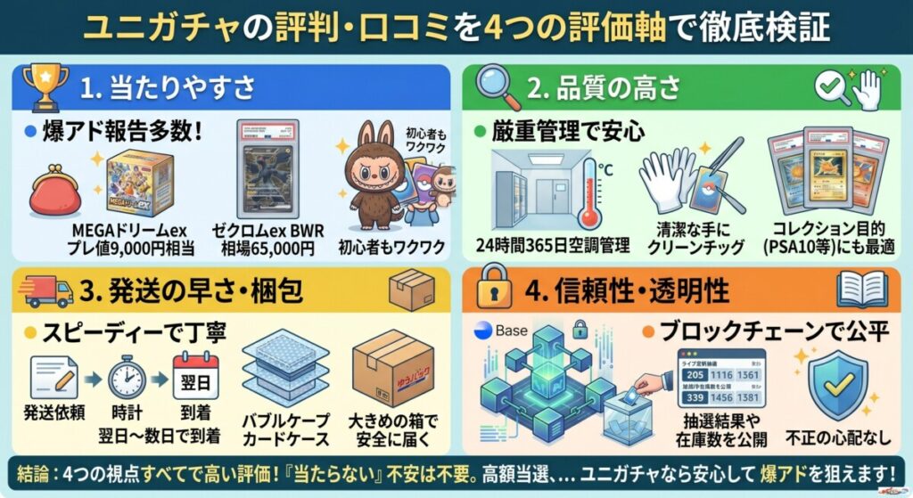 ユニガチャの評判・口コミを4つの評価軸で徹底検証図解