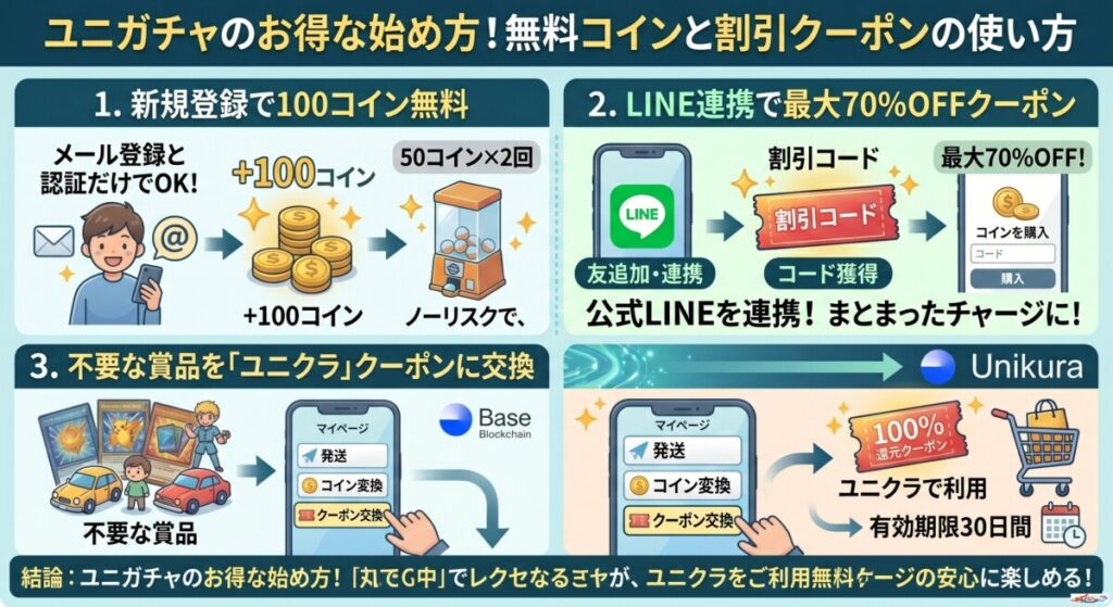 ユニガチャのお得な始め方!無料コインと割引クーポンの使い方図解