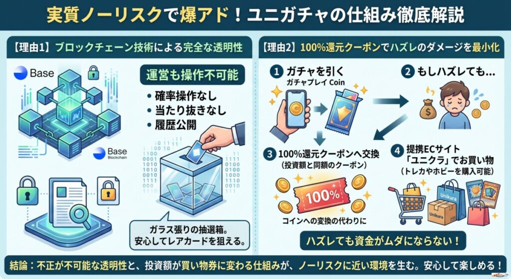 ユニガチャの評判と結論!実質ノーリスクで爆アドが狙える理由図解