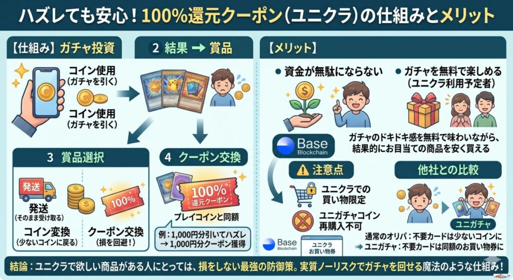 ハズレても安心!100%還元クーポン(ユニクラ)の仕組みとメリット図解