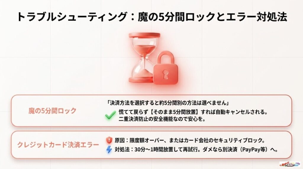 オリくじの支払い方法を間違えたら?魔の5分間ロック仕様とエラー時の対処法