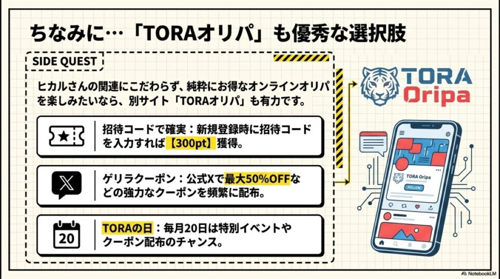 TORAオリパの招待コード(300pt)や公式Xのゲリラクーポンのメリット