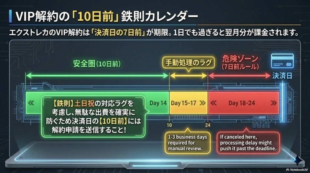 更新日の「7日前」までに手続きしないと翌月分が課金される