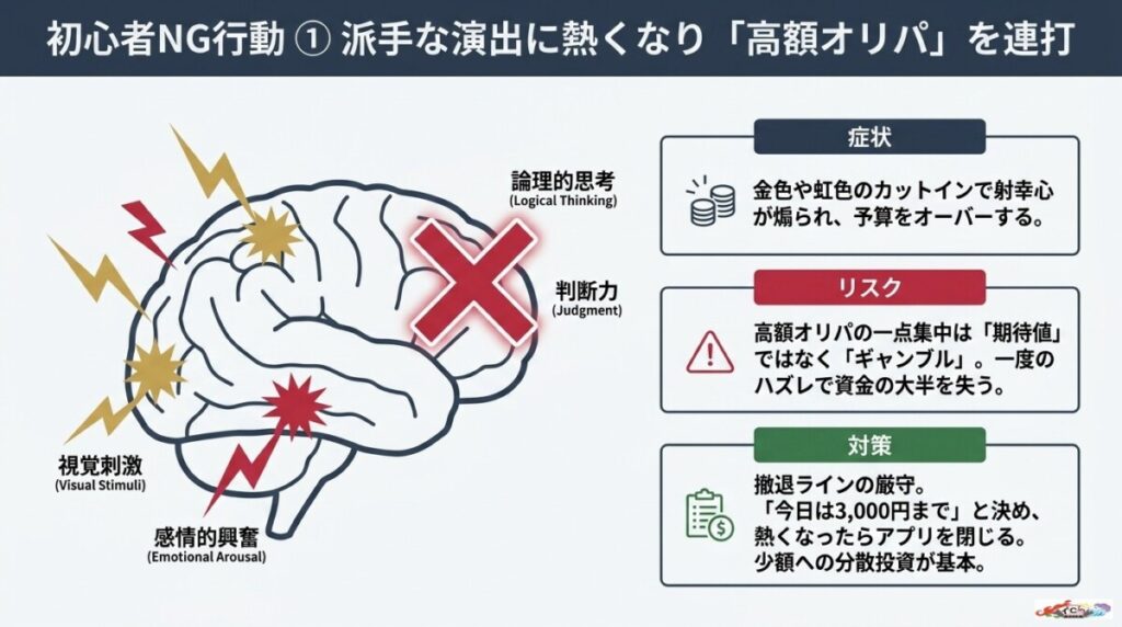NG行動1:派手な演出に熱くなって高額オリパを連打する