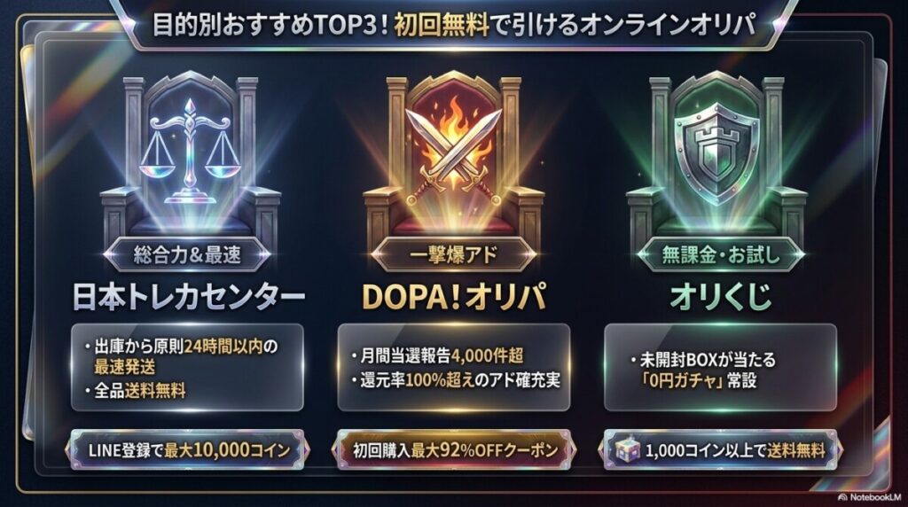 初回無料オリパ 目的別TOP3比較表